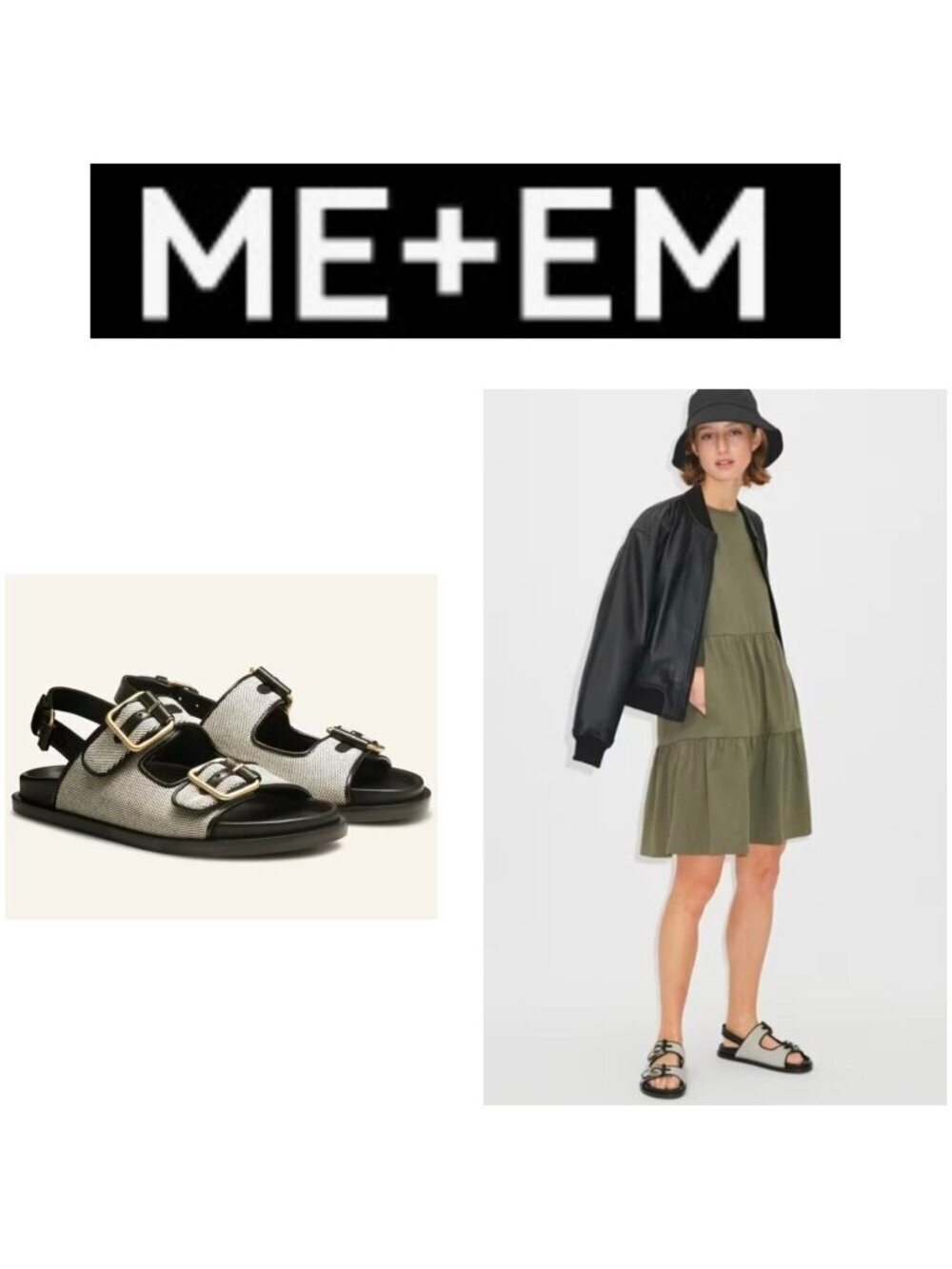 ME+EM Italian Leather Sandals EU 38.5 US 7.5–8 Black Ivory Buckle Slingback Flat